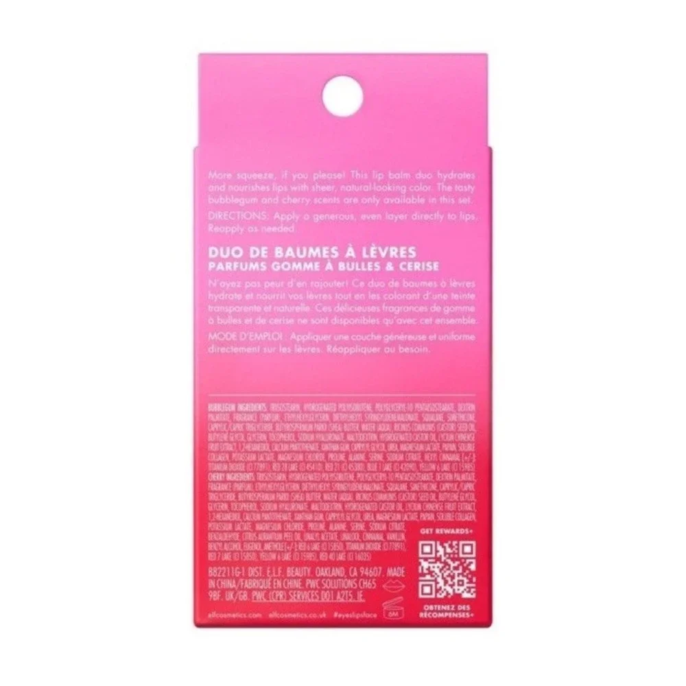 Lot Of 2 e.l.f. Squeeze Me More Lip Balm Duo - Bubblegum‎ & Cherry Scents